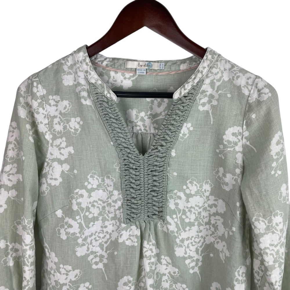 Boden | Sage Green White Floral Linen Split Neck Blouse - Picture 2 of 9